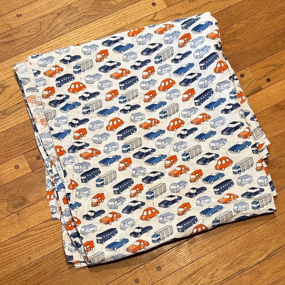 Pottery Barn Kids Car Print Fabric with Navy and Orange Flat Sheet Only (Full)